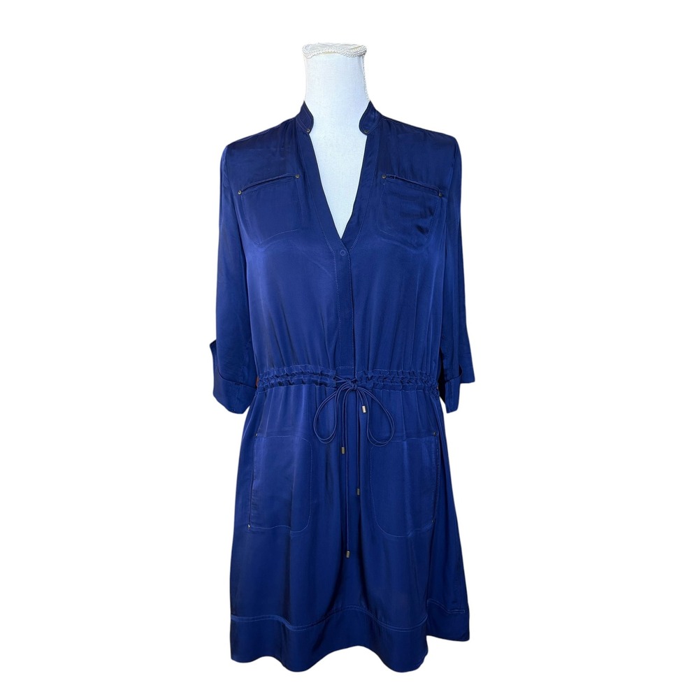Diane von Furstenberg DVF Royal Blue Cupro Drawstring Utility Shirt Dress Size 4